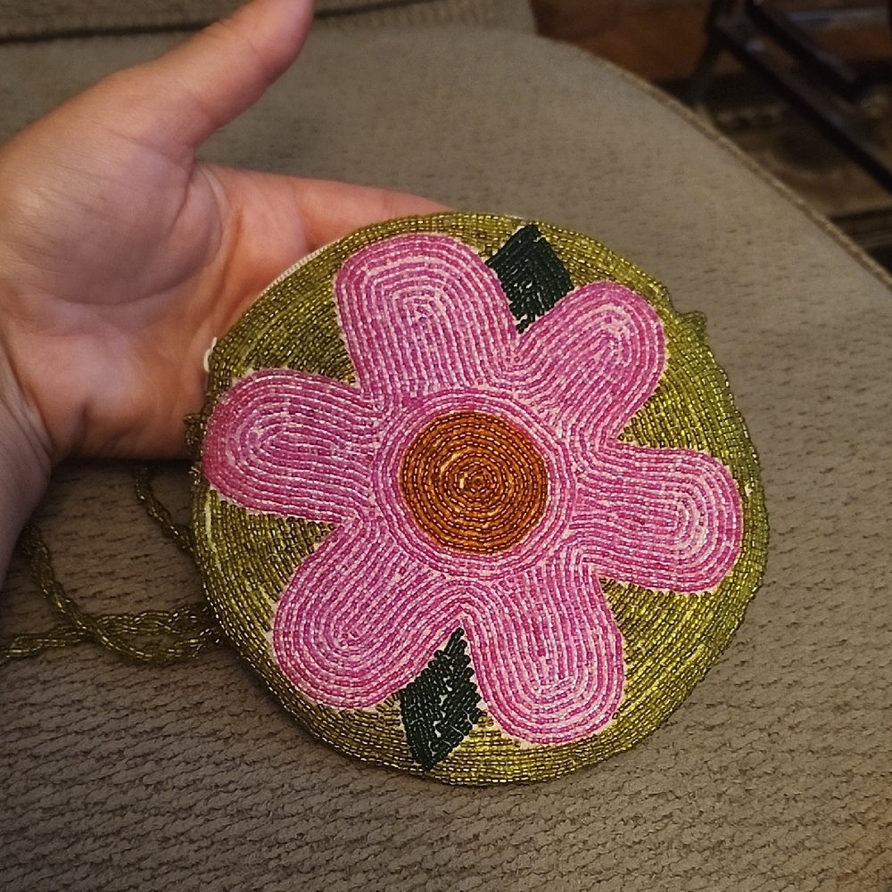 Vintage Pink and Green Beaded Floral Bag